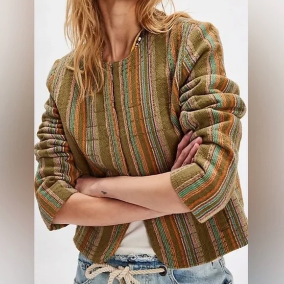 Free People M Medium Zandi woven quilted boxy cropped jacket multi stripe nwt - Picture 2 of 8